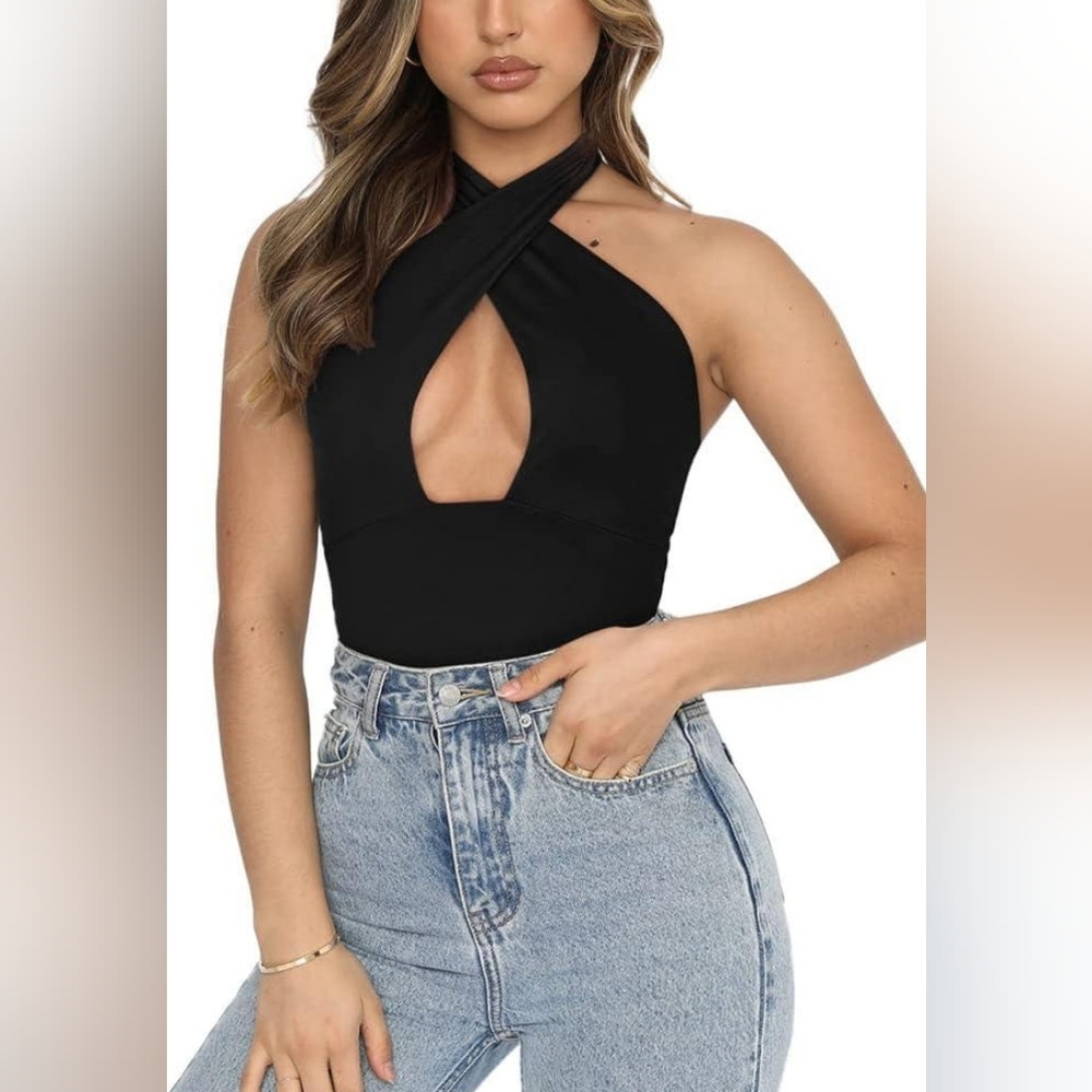 ReoRia Black Halter Cross-Front Cutout Bodysuit NWOT